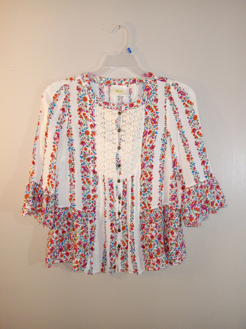 Boho Floral Lace-Front Peasant Tunic - White Multicolor